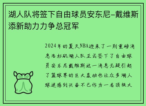 湖人队将签下自由球员安东尼-戴维斯添新助力力争总冠军