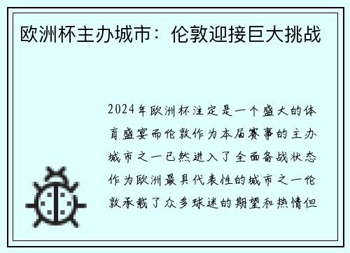 欧洲杯主办城市：伦敦迎接巨大挑战